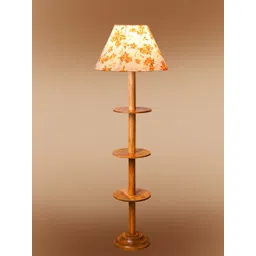 Devansh Yellow & Brown Printed Frustum Shape Cotton Shade Wooden Base Foor Lamp-picture-29
