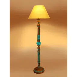 Devansh Yellow & Turquoise Blue Frustum Shaped Traditional Wooden Floor Lamp-image-4