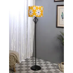 Devansh Yellow & White Printed Cotton Drum Iron Floor Lamp-picture-22