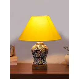 Devansh Yellow Textured Traditional Frusturical Shaped Wooden Table Lamp & Mosaic Glass-image-21