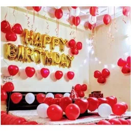 devansh enterprises Solid Golden Happy Birthday Foil Letter Balloons With 30 Red & White Large Balloons Balloon-picture-12