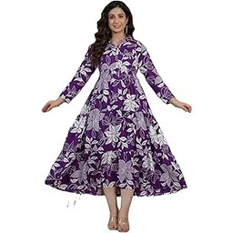 devek Women's Rayon Button-Down Front Collar Neck Long Sleeves Anarkali Maternity Kurti Floral Print Long Sleeve Maxi Dress, Purple and White-picture-20