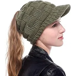 devil Ponytail Warm Stretch Knitted Winter Cap for Women's & Girl's-(Green,Freesize)-picture-53
