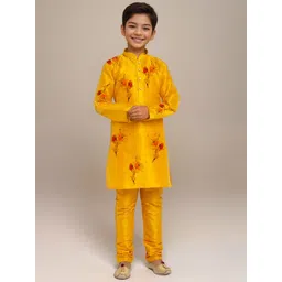 DEVOILER Boys Floral Printed Dupion Silk Straight Kurta with Churidar-image-7