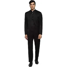 Men's Black Solid Regular Fit Bandhgala Suit-image-0