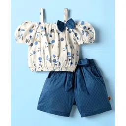 Dew Drops Poplin Woven Half Puffed Sleeves Floral Printed Top & Shorts Set with Belt & Bow Applique - Blue-picture-26