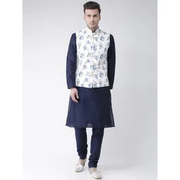 DEYANN Men Navy Blue & White Solid Kurta with Churidar & Nehru Jacket-picture-28