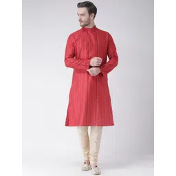DEYANN Men Red Woven Design Jacquard Silk Straight Kurta-picture-15