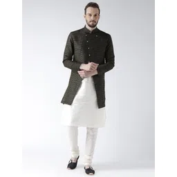 DEYANN Men Black & Off-White Self-Striped Silk Sherwani With Achkan Woven Sherwani-picture-10