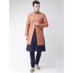 DEYANN Men Orange & Navy Blue Sherwani With Achkan Woven Sherwani-picture-38