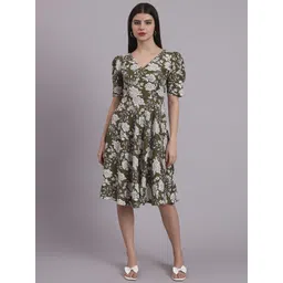 DHAKRE FASHION Women Floral Printed Puff Sleeves Cotton Fit & Flare Dress-picture-13