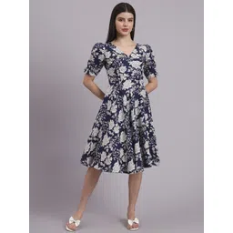 DHAKRE FASHION Women Floral Printed V-Neck Pure Cotton Puff Sleeve Fit & Flare Dress-picture-34