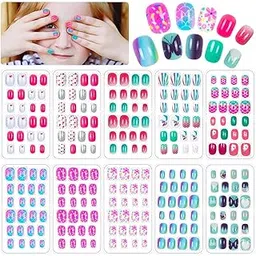 DHANABAPA Kids False Nail Stick on Nails Kids Full Cover Short False Nails Children Nail Tips Lovely Gift for Kids Little Girls Nail Art Decoration - 96 Pcs Multi Color.-picture-14