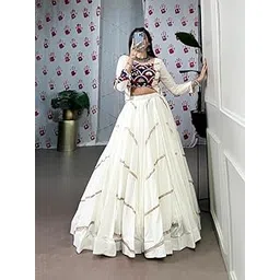 Dharm Choice Traditional Navratri Chaniya Choli White Cotton Lehenga with Embroidered Border Multicolored Floral Pattern-picture-52