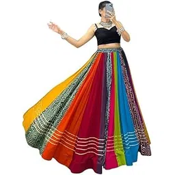 Dharm Choice Traditional Navratri Chaniya Choli White Cotton Lehenga with Embroidered Border Multicolored Floral Pattern-picture-41