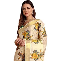 dhevstylish Kerala Kasavu golden Tissue with Kathakali print design saree with Running blouse| Green, Golden Yellow-picture-51