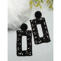 Dhrohar Black & White Beaded Fabric Geometric Drop Earrings-picture-10
