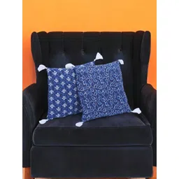 Dhrohar Blue & White 2 Pieces Floral Printed Cotton Square Shaped Tasselled Cushion Covers-picture-16