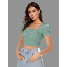 DHUNKI Ruched Puff Sleeve Fitted Crop Top-picture-28