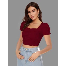 DHUNKI Women Puff Sleeve Ruched Bardot Crop Top-picture-27