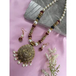 Digital Dress Room Gold- Plated Laxmi & Pear Pendant Long Necklace Jewellery Set-picture-16