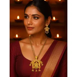 Digital Dress Room Gold Plated Long Laxmi Design and Red Mala Jewellery Set-picture-27