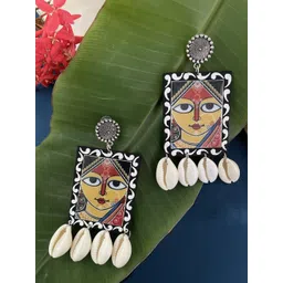 Digital Dress Room Silver-Plated Goddess Durga Sea Shell Square Shaped Drop Earrings-picture-35