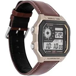 Digital World Time Wrist Watch for Men | WR100M Water Resistant | 10-Year Battery | Chronograph, Alarm & LED Illuminator | Brown Leather Strap-picture-10