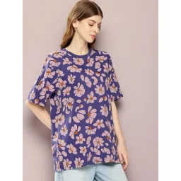 Dillinger Blue Cotton Floral Print Oversized T-Shirt-picture-32