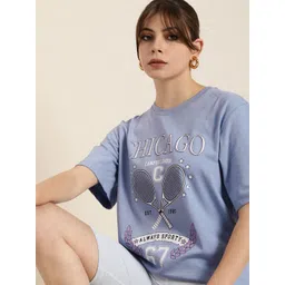 DILLINGER Women Blue Printed Pure Cotton Loose Graphic Oversized T-Shirt-picture-26