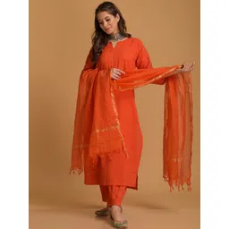 DIMPLE DESIGN STUDIO Notched Neck Pure Cotton Kurta with Salwar & Dupatta-image-0