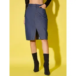 DIMPY GARMENTS Denim High-Waist Knee Length Skirt With Front Slit-image-1