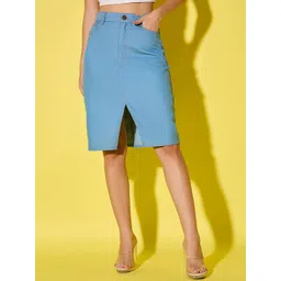 DIMPY GARMENTS Denim High-Waist Knee Length Skirt With Front Slit-picture-27