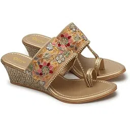 dipyo Floral Embroidered Ethnic Wedge Heel Slip-On Sandals for Women (Golden, Pink)-picture-24