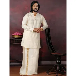 DISHA CREATIONZ Men Solid Embroidered A-Line Kurta with Mundu-picture-26