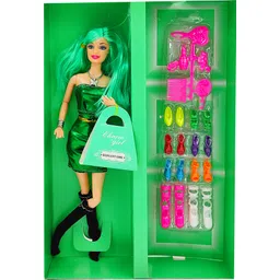 dishvy Elegant Doll with 8 Pair of shoes and Makeup accessories| Colorful hair| Green-picture-40