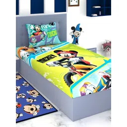 Disney Green & Yellow Cartoon Printed 180 TC King Size Bedsheet With 1 Pillow Covers-picture-23