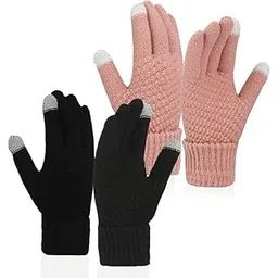 disolve Women Winter Gloves, Warm Fleece Lined Winter Gloves, Touch screen Gloves, Elastic Cuff Knit Wool Gloves for Women(Pack of 2) Assorted Color-picture-47
