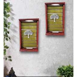 disoo fashions Red Colour Distress Look Sheesham Wood Handcarved Rectangular Set Of 2 Wall Art With Tree-picture-14