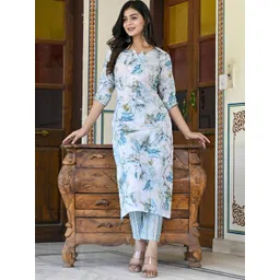 DIVASTRI Floral Printed Notch Neck Straight Kurta With Trousers-image-20
