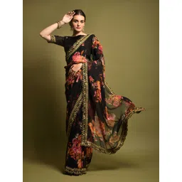 DIVASTRI Floral Sequinned Poly Georgette Saree-picture-29