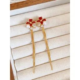 DIVASTRI Gold-Plated American Diamond Studded & Beaded Korean Floral Drop Earrings-picture-12