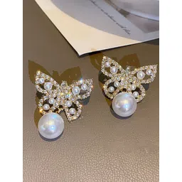 DIVASTRI Gold-Plated American Diamond Studded & Beaded Korean Quirky Shaped Drop Earrings-picture-18