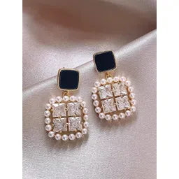 DIVASTRI Gold-Plated American Diamond Studded & Pearls Beaded Korean Square Drop Earrings-picture-20