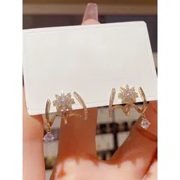 DIVASTRI Gold-Plated American Diamond Studded Korean Floral Drop Earrings-picture-10