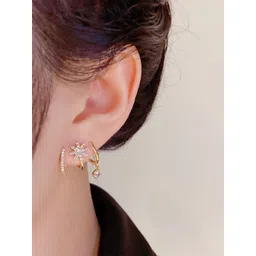 DIVASTRI Gold-Plated American Diamond Studded Korean Floral Drop Earrings image 3