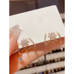 DIVASTRI Gold-Plated American Diamond Studded Korean Floral Drop Earrings image 2