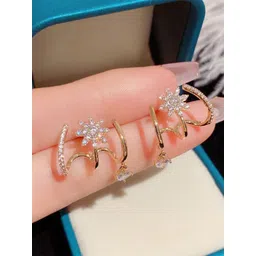 DIVASTRI Gold-Plated American Diamond Studded Korean Floral Drop Earrings image 5