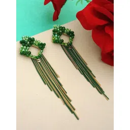 DIVASTRI Gold-Plated Artificial Beaded Contemporary Shaped Tasselled Drop Earrings-picture-11