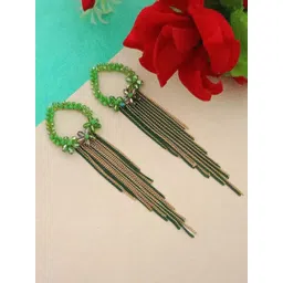 DIVASTRI Gold-Plated Stones Studded Contemporary Shaped Tasselled Drop Earrings image 1